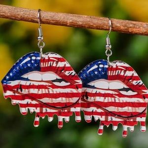 USA American Flag Lip Pattern Drop Earrings 4th of July Independence Day